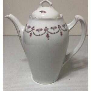 Vintage white porcelain Coffee Pot W pink rose garland # 19